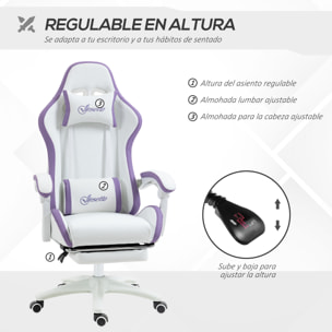 Silla Gaming Ergonómica, Silla Gamer de Cuero PU con Reclinable 135°, Soporte Lumbar, Altura Ajustable, Reposacabezas y Reposapiés Retráctil, para Oficina, Estudio, Blanco y Violeta