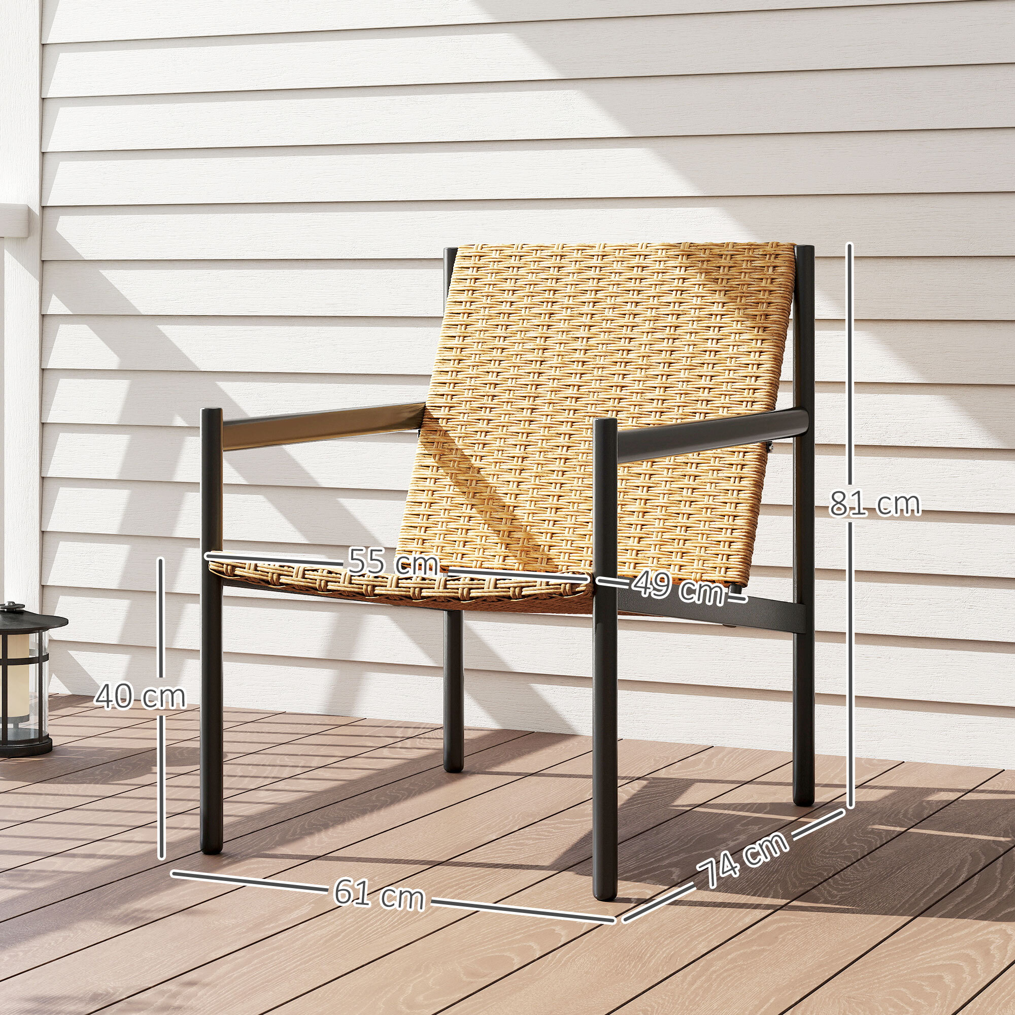 Silla de Ratán de Jardín Individual Silla para Exterior Resistente a la Intemperie con Reposabrazos Respaldo Inclinado y Estructura de Acero Carga 120 kg para Terraza Patio Balcón Natural