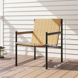 Silla de Ratán de Jardín Individual Silla para Exterior Resistente a la Intemperie con Reposabrazos Respaldo Inclinado y Estructura de Acero Carga 120 kg para Terraza Patio Balcón Natural