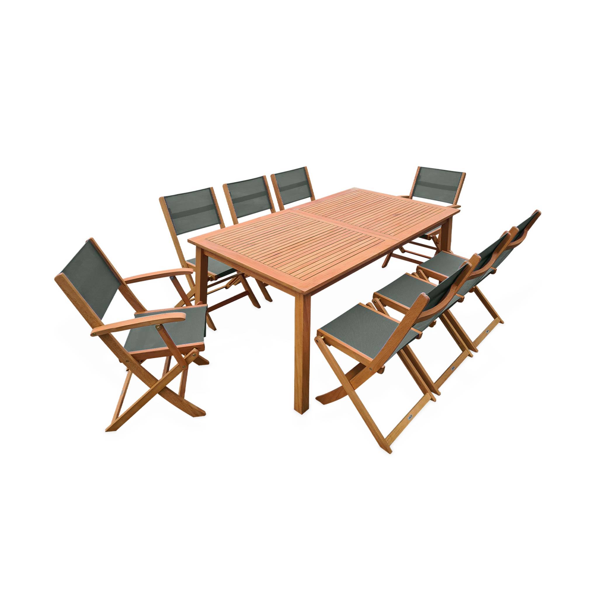 Salon de jardin en bois extensible - Almeria - Grande table 180/240cm avec rallonge. 2 fauteuils et 6 chaises. en bois d'Eucalyptus huilé et textilène savane