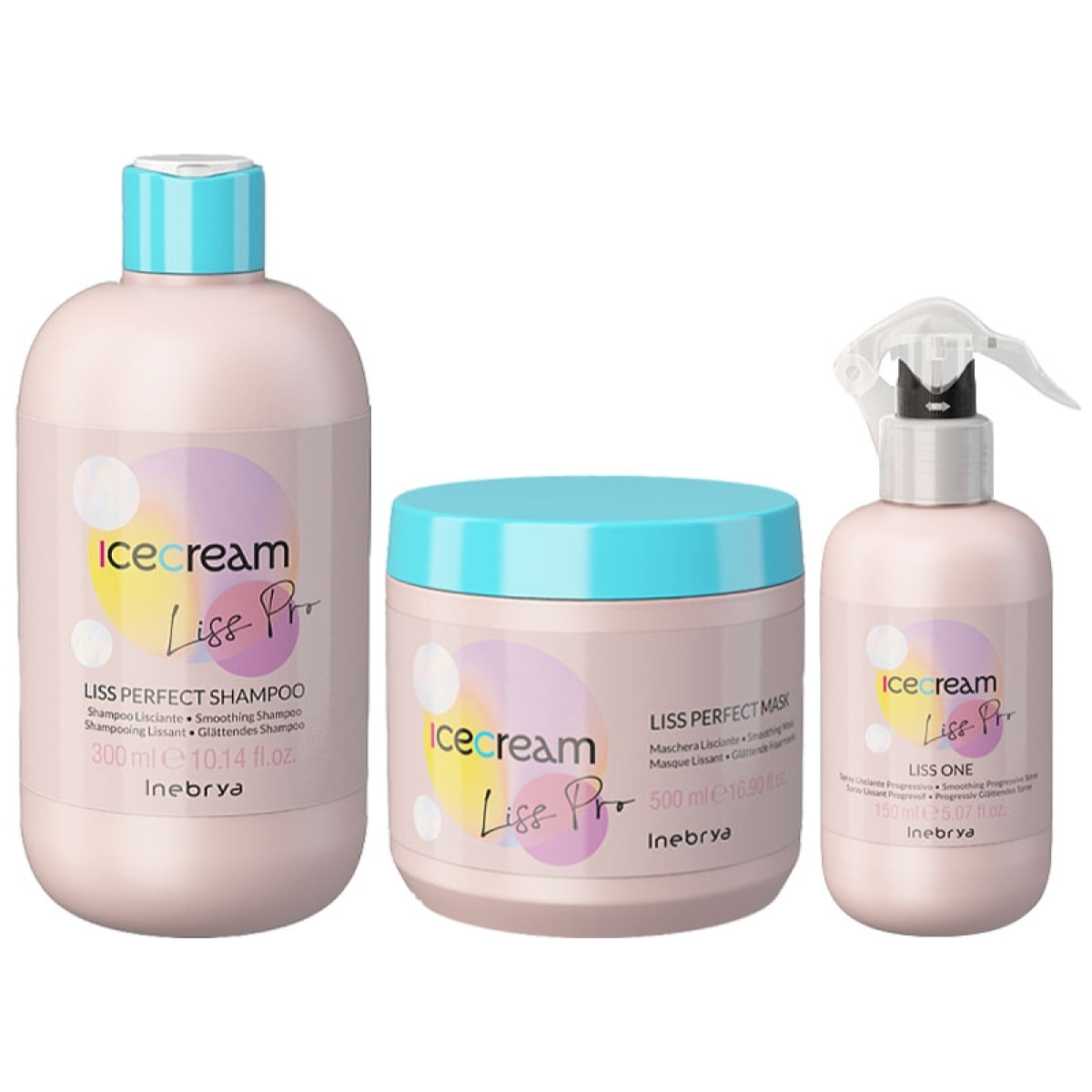 INEBRYA Kit Ice Cream Liss Pro Shampoo 300ml + Mask 500ml + Liss One Spray 150ml