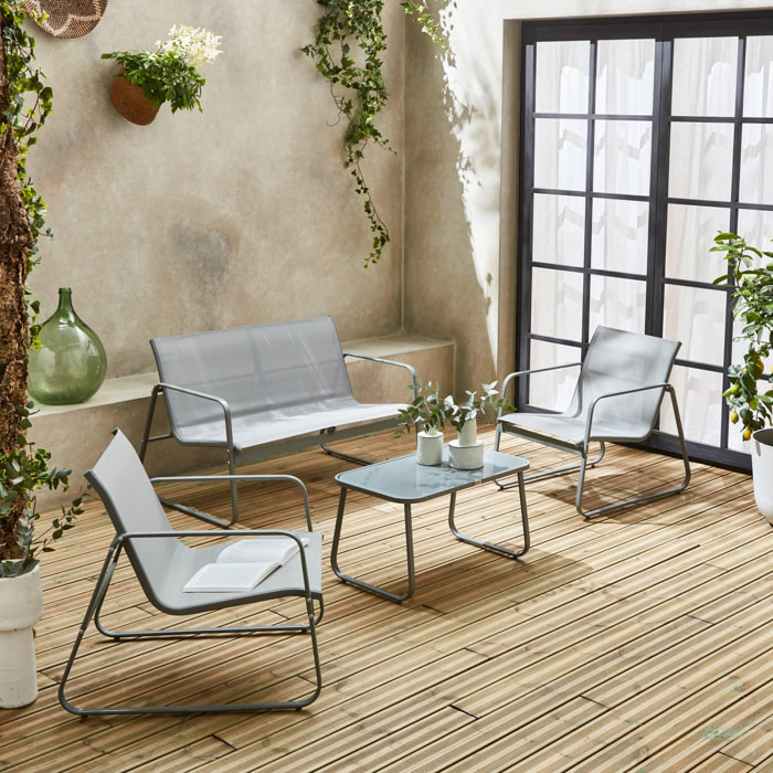 Salon de jardin en métal et textilène pour 4 personnes. gris clair. design