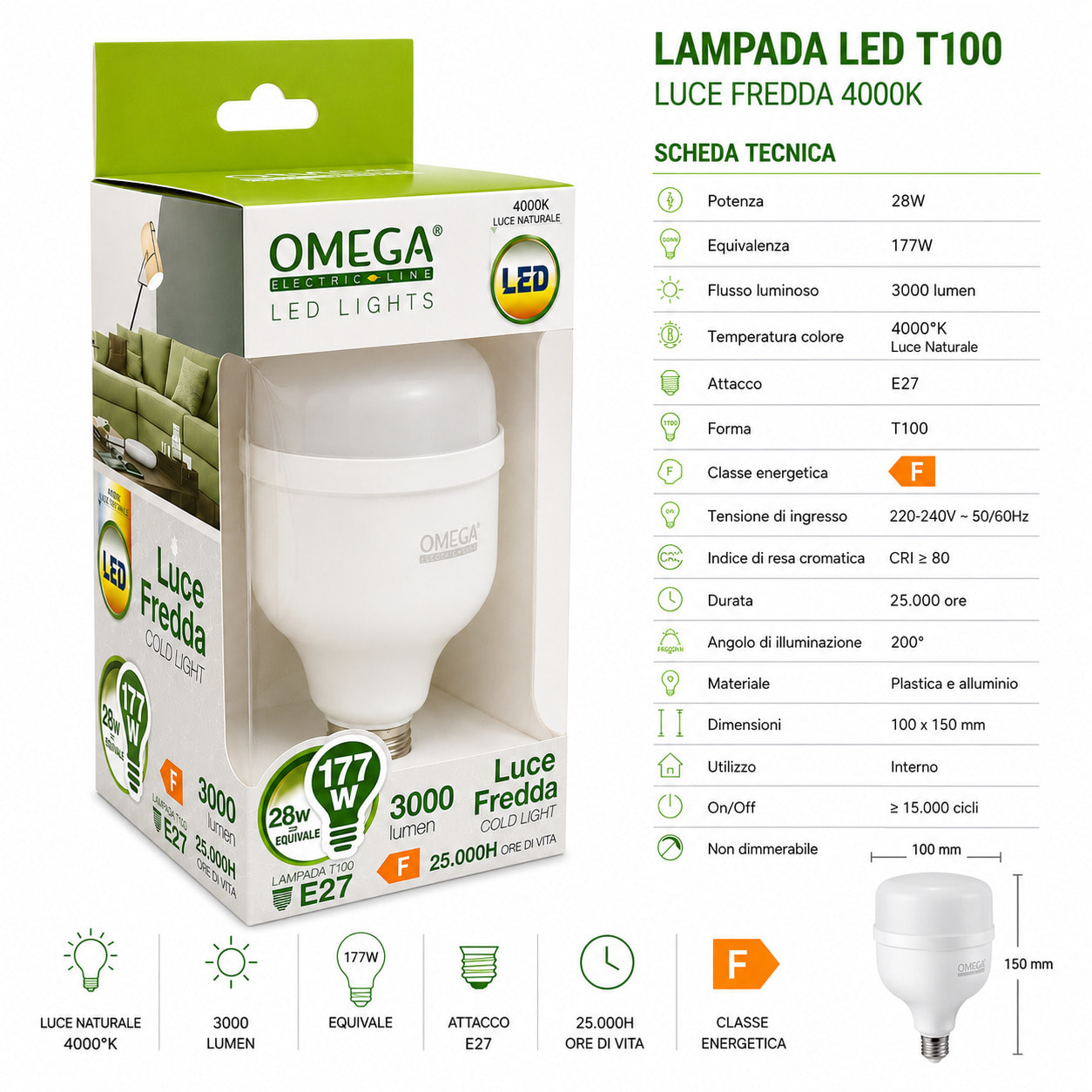 OMEGA Lampada Led Alta Potenza 28W 3000 Lumen E27 4000K