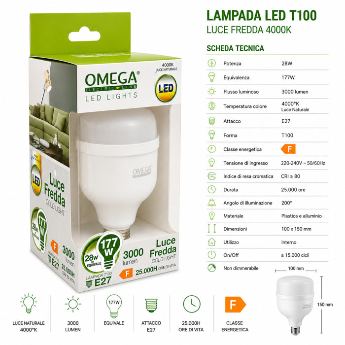OMEGA Lampada Led Alta Potenza 28W 3000 Lumen E27 4000K