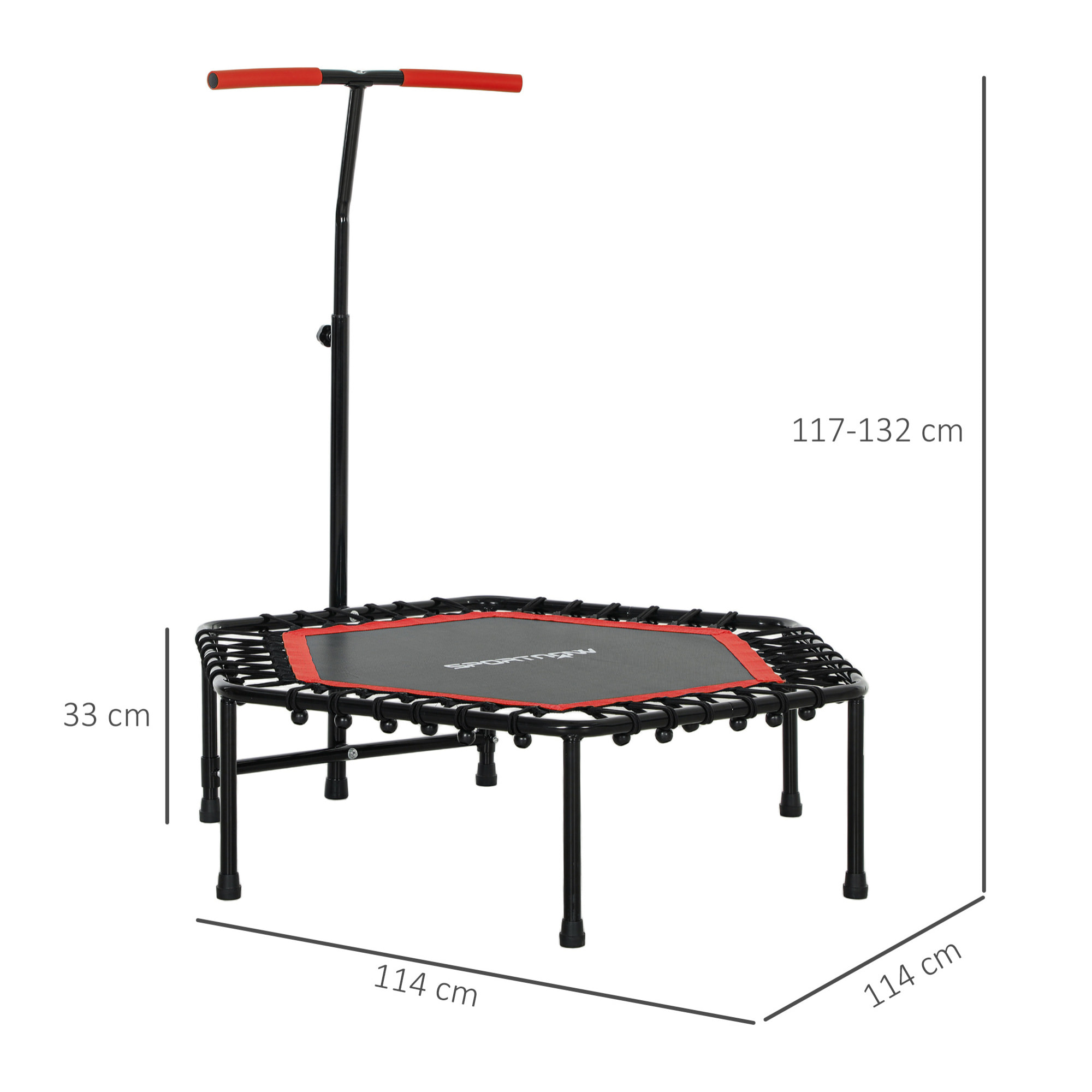 Trampolín de Fitness 114x114x132 cm Cama Elástica Fitness con Mango Ajustable de 3 Niveles Marco de Acero para Entrenamiento Piernas Cuerpo en Hogar Oficina Gimnasio Rojo