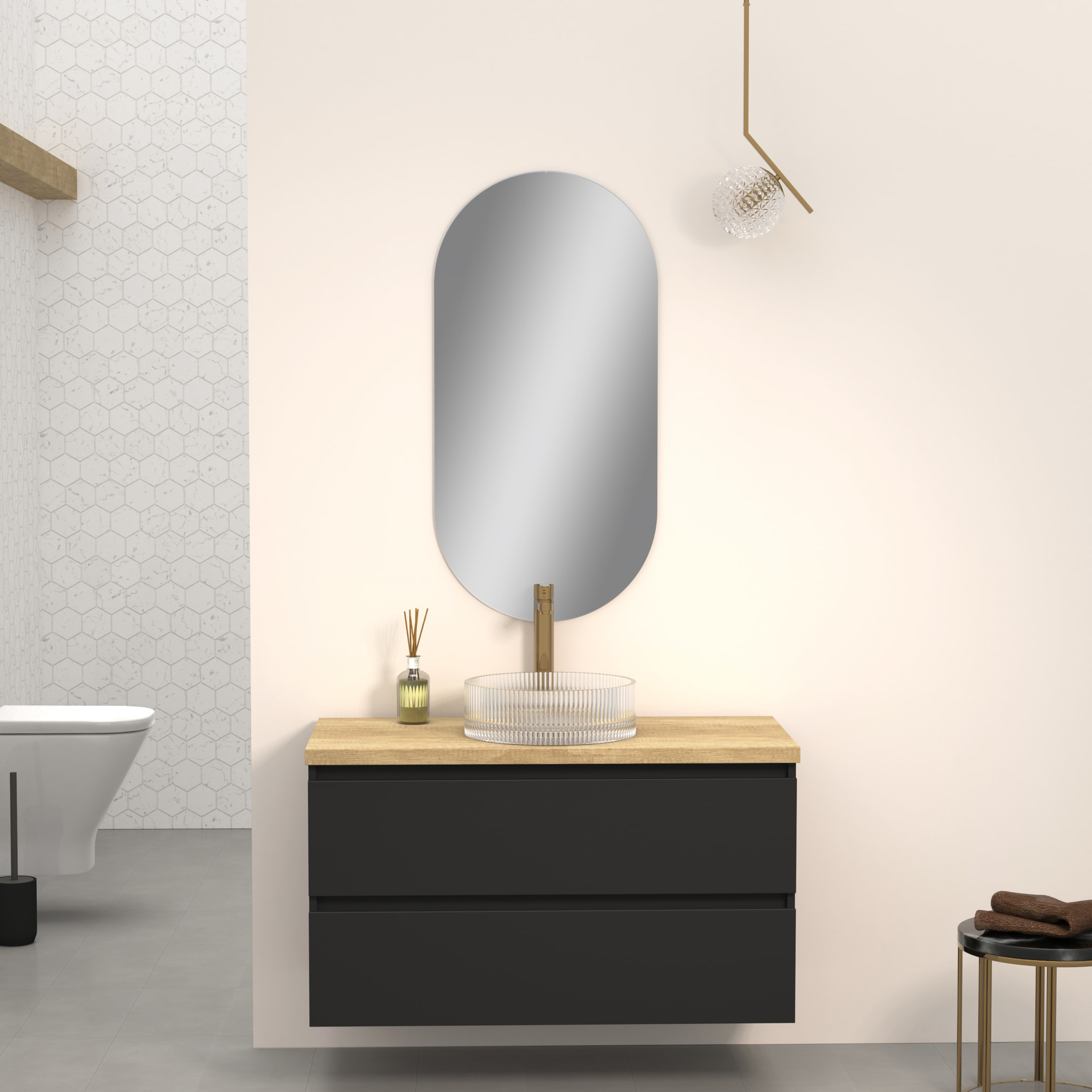 CONJUNTO DE BAÑO KUB | 100 CM NEGRO | DOS CAJONES | LAVABO DE CRISTAL | NO INCLUYE ESPEJO | MUEBLE MONTADO | ALDAY