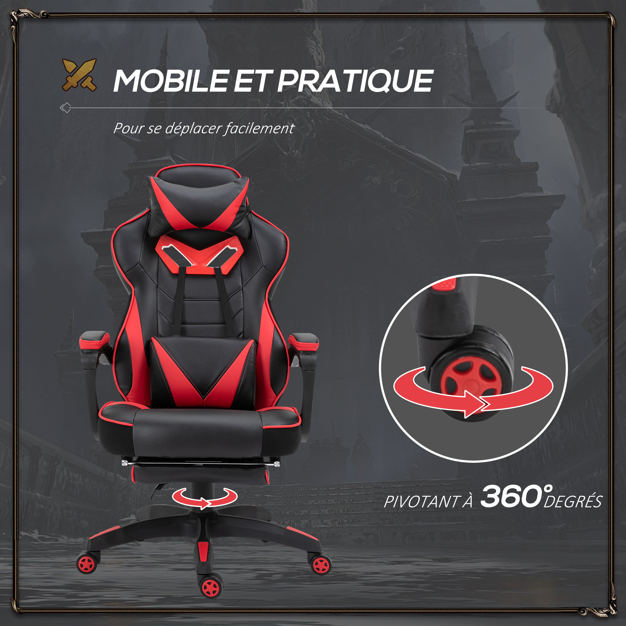 Vinsetto Fauteuil de bureau gamer style baquet racing - pivotant, inclinable - coussin lombaire, tétière, repose-pieds inclus - revêtement synthétique rouge noir