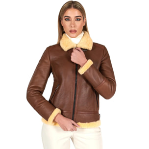 Montone shearling cuoio con fibbie e cerniera centrale