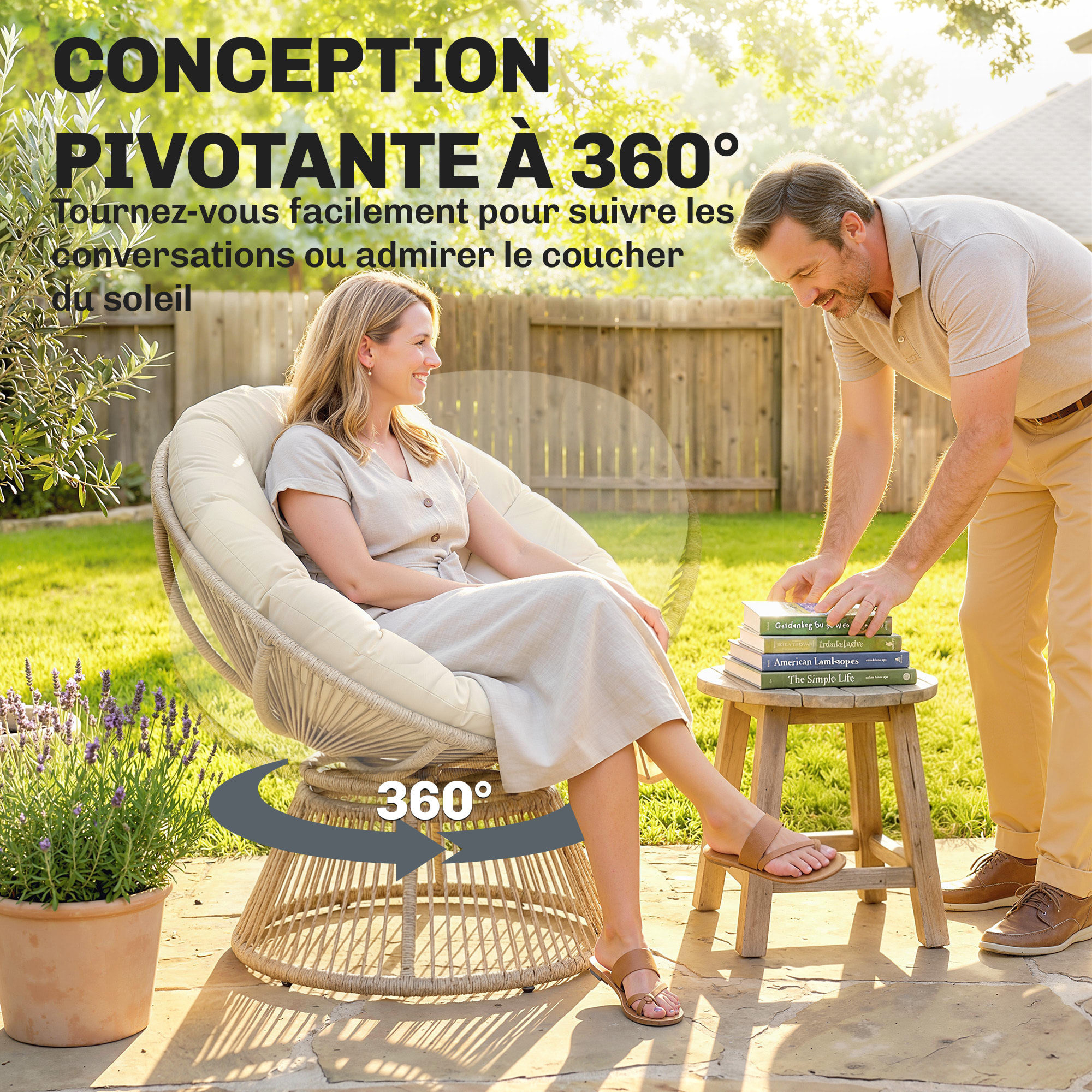 Fauteuil papasan pivotant 360° coussin moelleux polyrotin naturel
