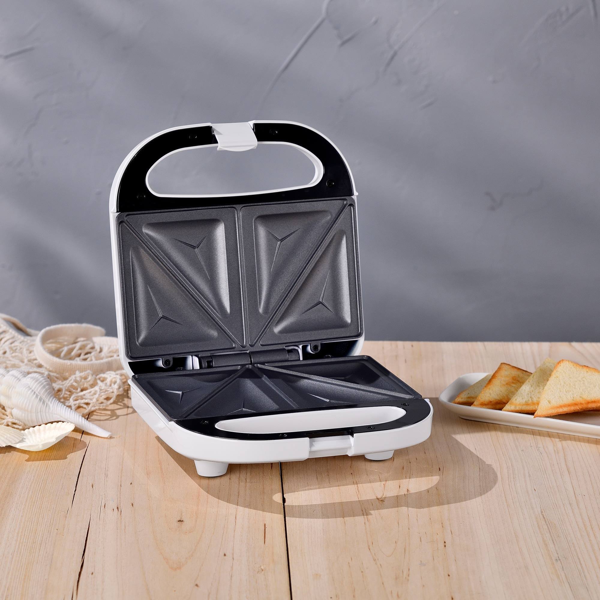 Sandwichera 750w revestimiento antiadherente, mango de tacto frío, termostato ajustable, protección contra sobrecalentamiento