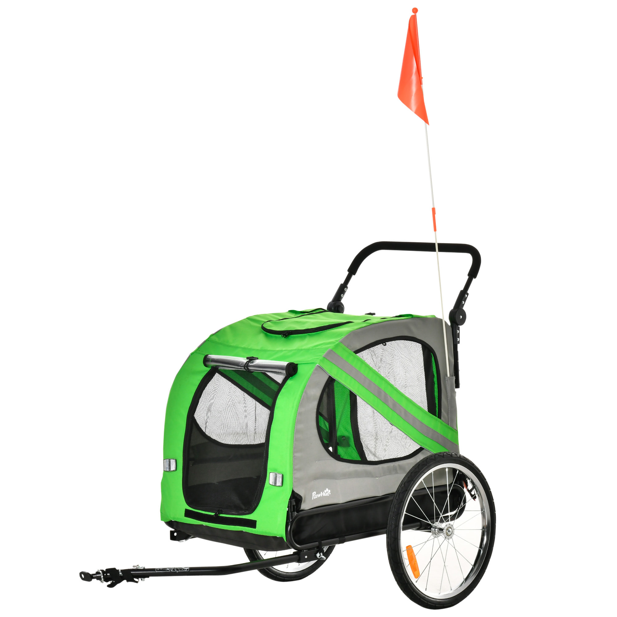 Remolque de Bicicleta Perros 2 en 1 Carrito Transporte para Mascotas con Puertas Enrollables Ventanas Cinturón de Seguridad Bandera y 6 Reflectores 140x72,5x108 cm Verde