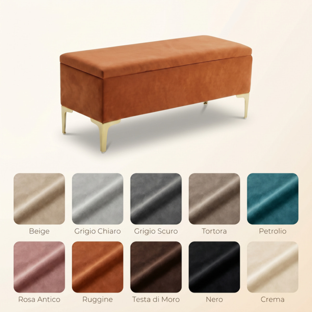 Panca Contenitore in Effetto Velluto con Ampio Vano Portaoggetti, Seduta Imbottita e Gambe in Acciaio, Design Moderno per Camera da Letto, Ingresso e Soggiorno