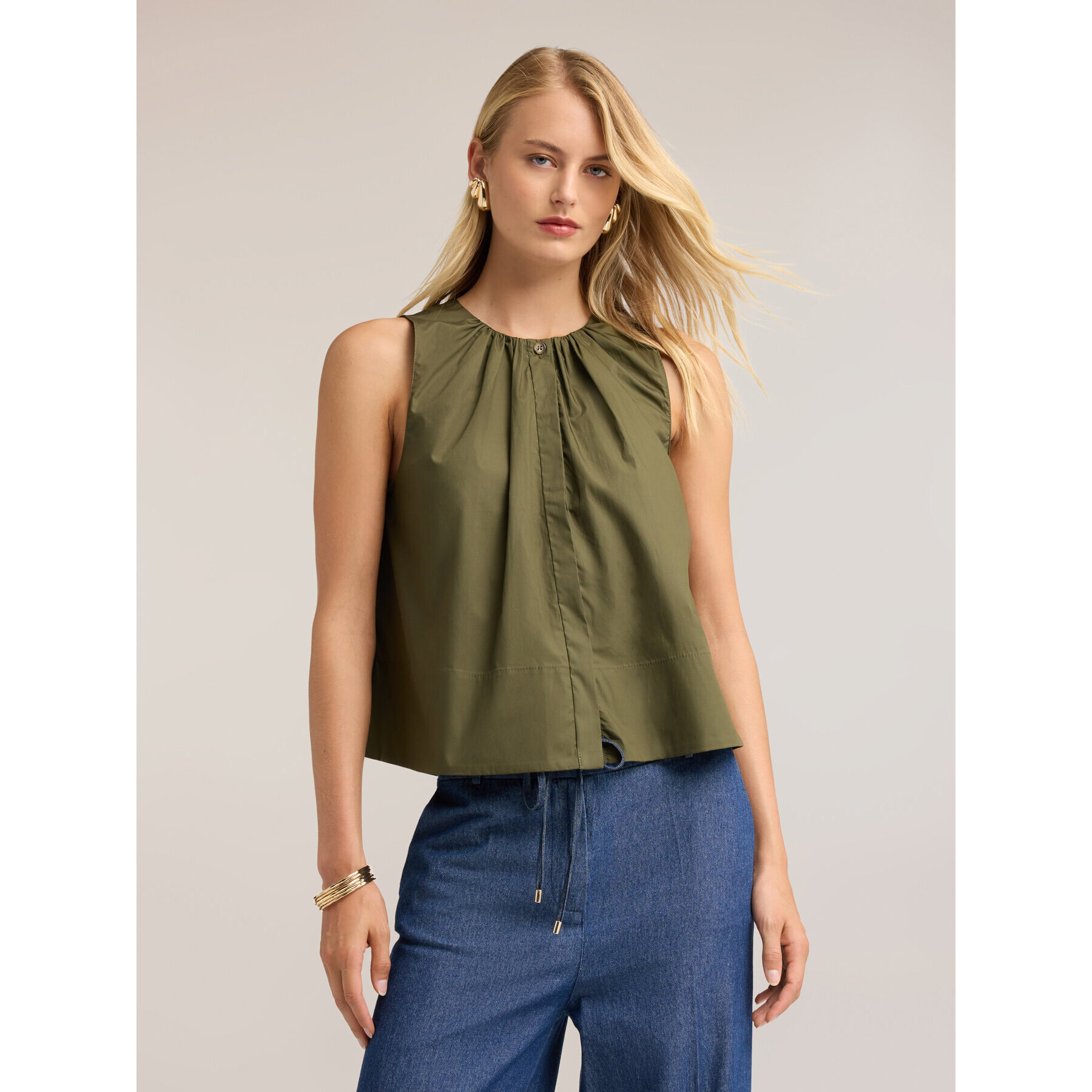 Motivi - Blusa de popelín con drapeado - Verde militare