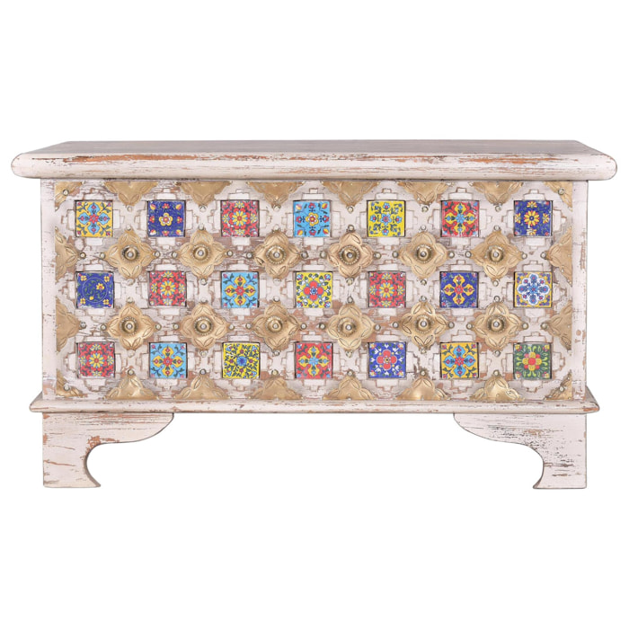 Baúl - madera de mango, cerámica y bronce - 80x40x46cm