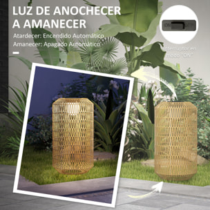 Linterna de Jardín de Ratán Sintético Farola Solar con Luces LED Encendido y Apagado Automático Diseño Bohemio Impermeable para Terraza Balcón Patio Ø30x55 cm Natural