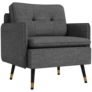 Fauteuil style art-déco dossier effet capitonné piètement incliné effilé métal noir extrémités dorées tissu anthracite