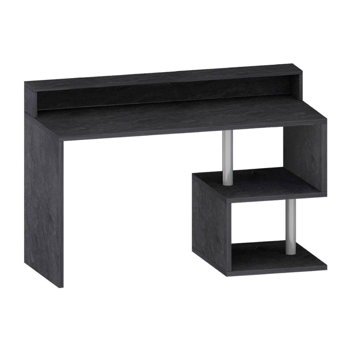 Scrivania Yemyin, Scrittoio lineare con ripiani portaoggetti e luci LED, Scrivania ufficio multiuso con sopralzo, 140x60h93 cm, Ardesia