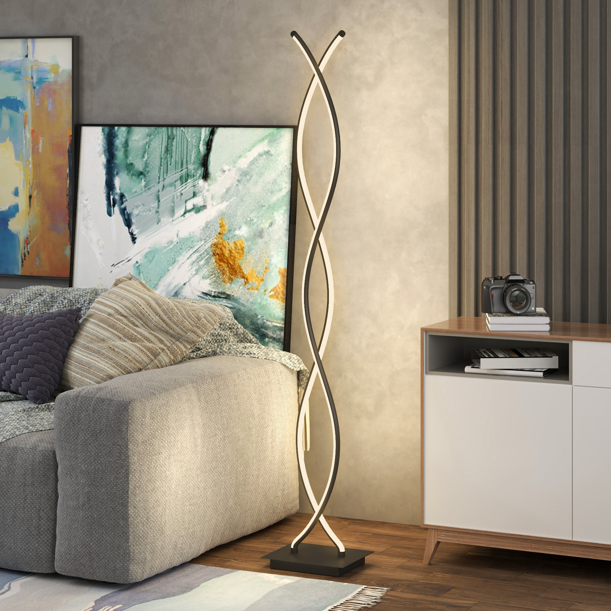 Lampadaire LED design spirales - forme galbée H. 140 cm - alliage alu. acrylique noir