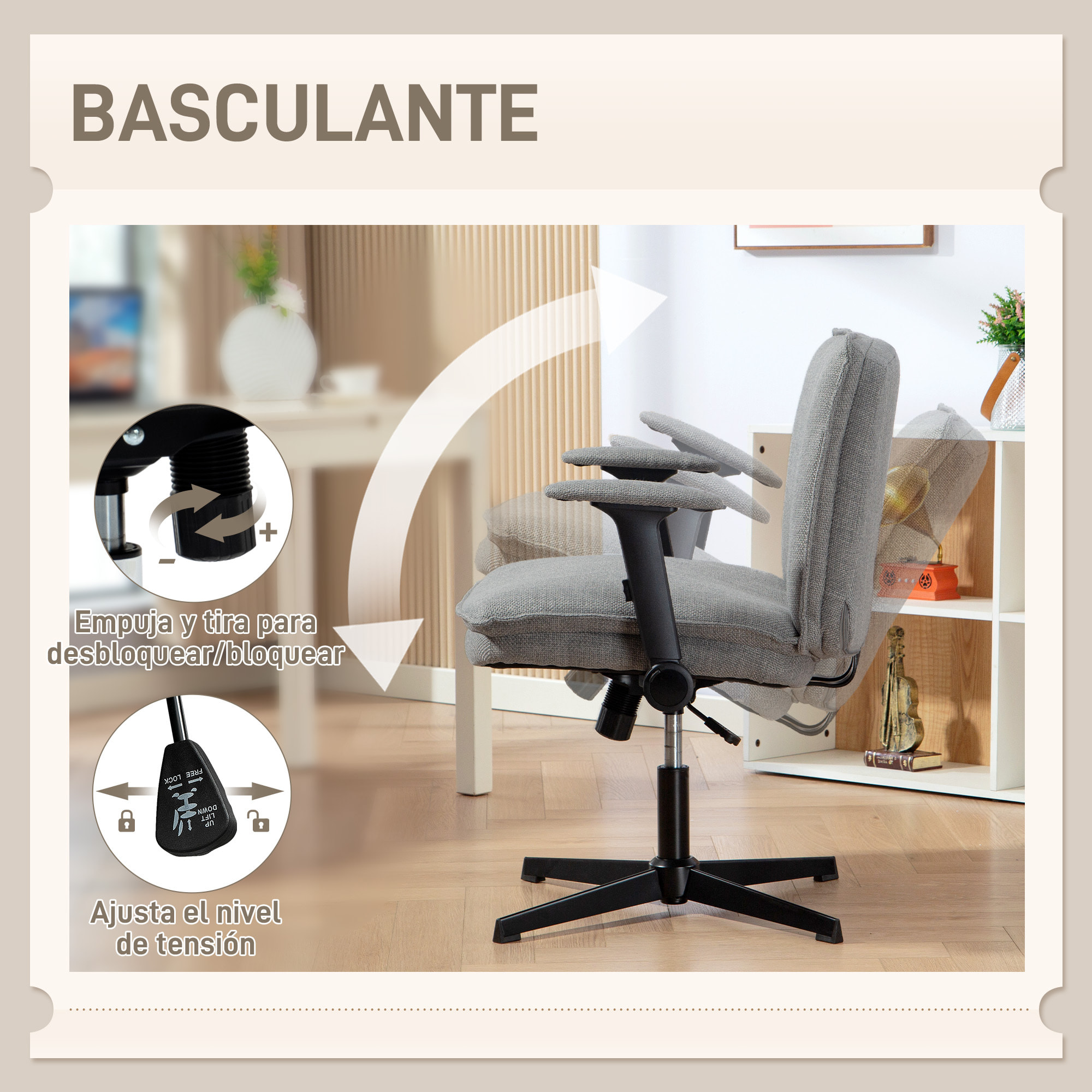 Silla de Oficina Piernas Cruzadas, Silla de Escritorio con Reposabrazos Abatible, Asiento Ancho, sin Ruedas, Altura Ajustable, Giratoria, Función Basculante, Tapizada en Lino, Gris