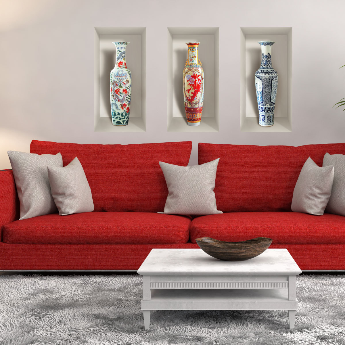 Stickers muraux 3D | Sticker Mural Autocollant effet 3D vases céramiques anciens - Stickers adhésifs 3D Chambre Salon Trompe l'oeil