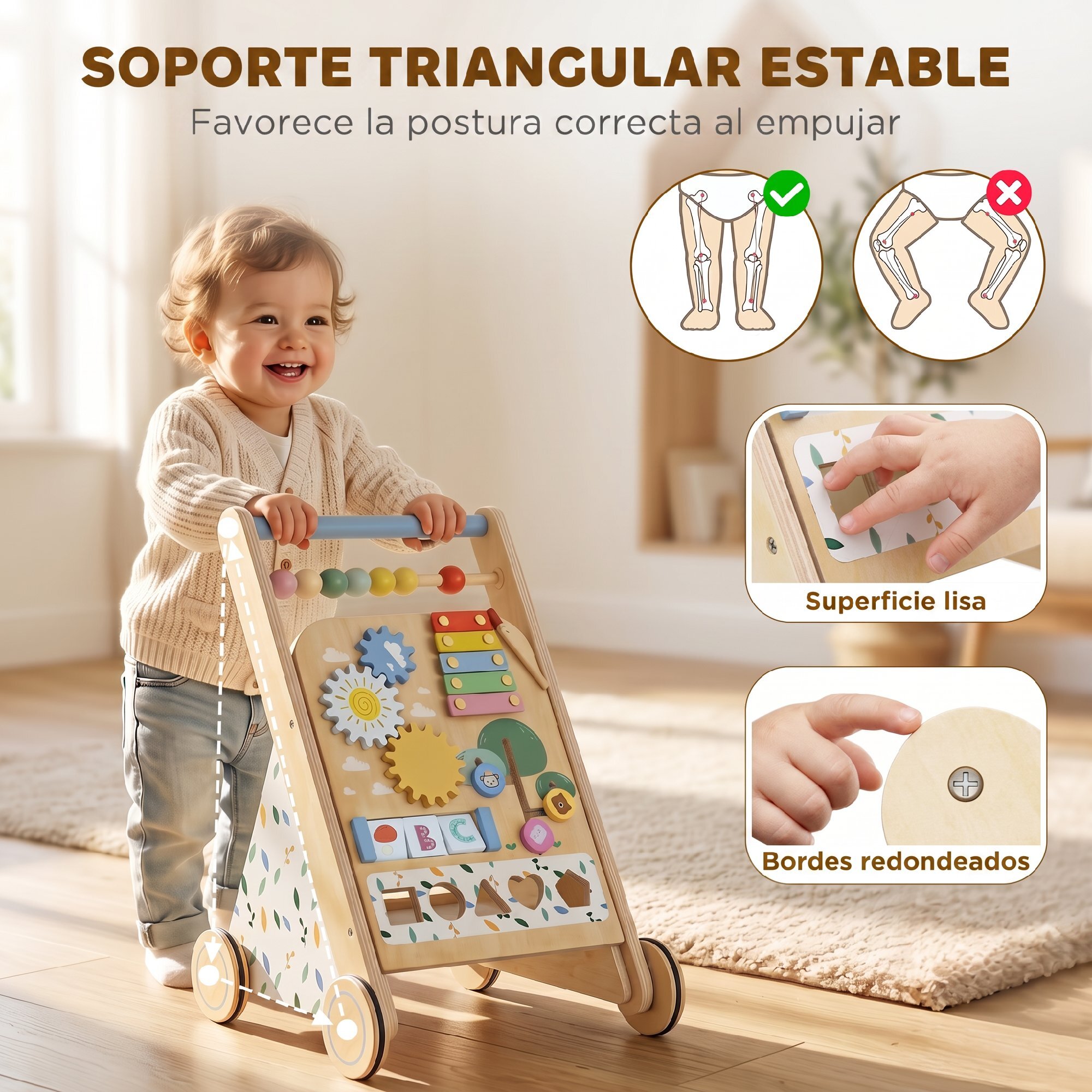 Andador Madera Bebé, Caminador Bebé con Juguetes Montessori, Centro de Actividades, Control de Velocidad, con 5 Bloques, Ruedas, Regalo para Niños de +18 Meses y Altura +75 cm Natural