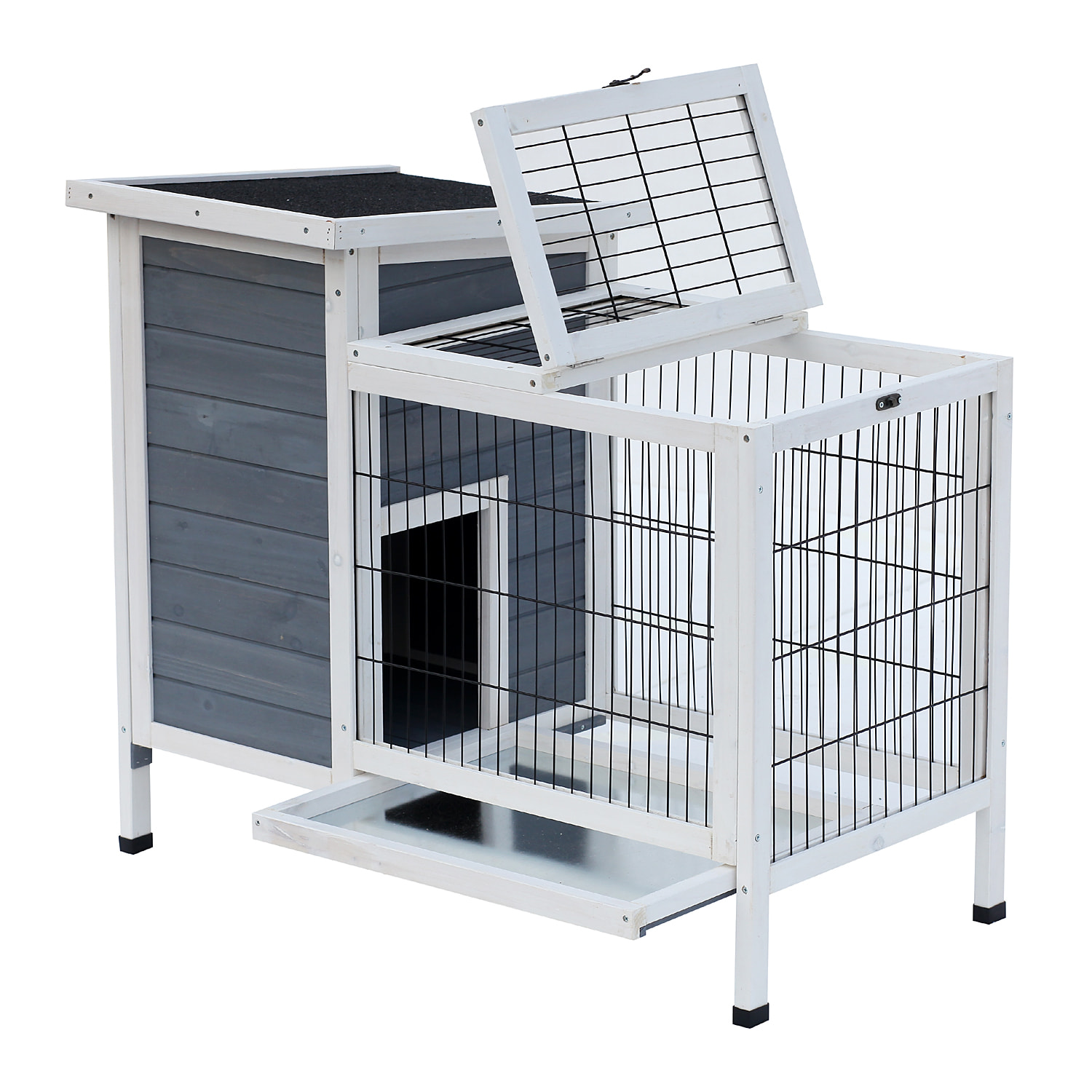 Clapier sur pieds cage à lapin avec niche intérieure plateau excrément coulissant porte supérieure 92L x 51l x 76H cm gris blanc