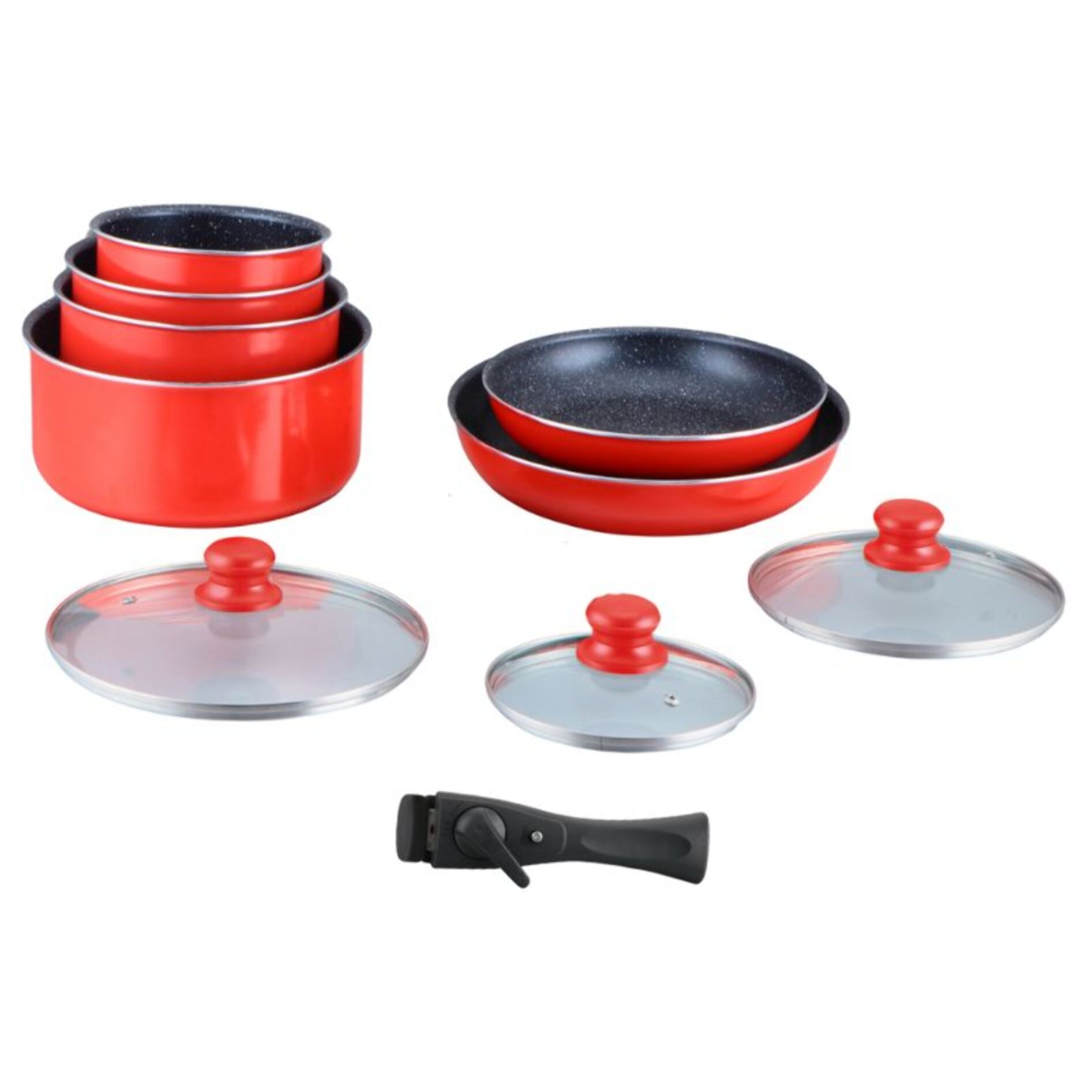 Batterie de cuisine revêtement pierre avec manche amovible 10 pieces rouge Hagen HA04623-RED
