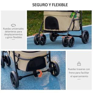 Carrito para Perros 2 en 1 Cochecito para Perros Pequeños Plegable con 2 Correas de Seguridad 2 Bolsillos Laterales Cojín Lavable y Ruedas Universales Carga 15 kg Caqui