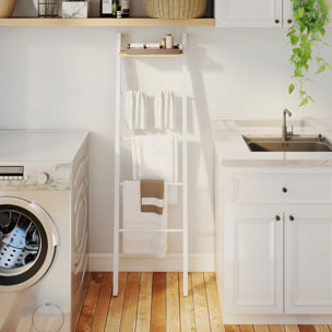 Toallero Escalera con Estante Superior y 4 Barras, Toallero de Baño para Apoyar en Pared, Estantería de Escalera Inclinada, para Dormitorio, Salón, 43x20x151 cm, Blanco y Roble