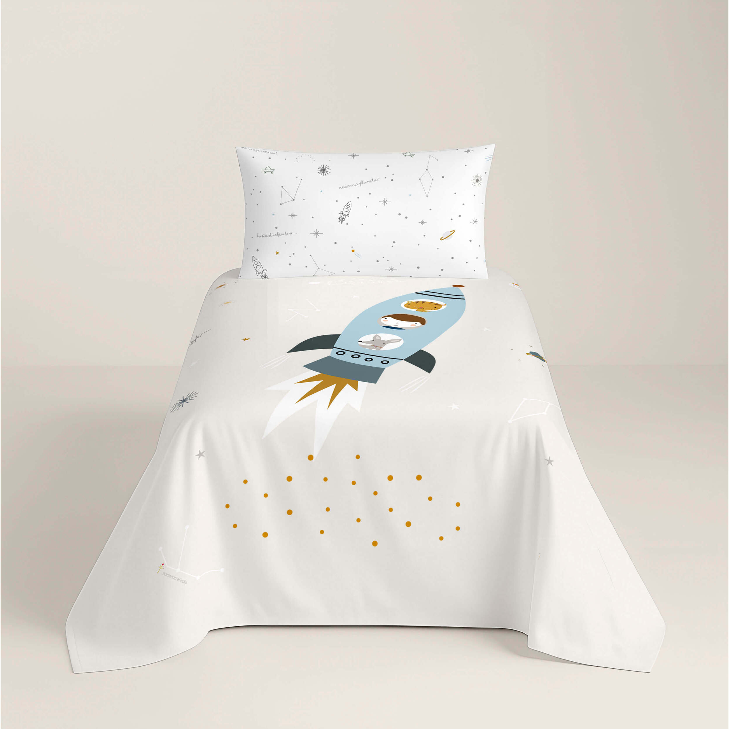 Juego de Sábanas Estampadas - Infantil - Incluye 1 Funda de Almohada - 100% Algodón - Viaje Espacial