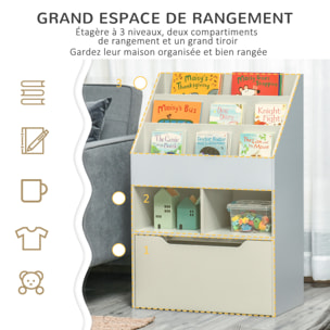 Bibliothèque étagère multi-rangement 3 étagères 2 niches grand tiroir MDF gris clair