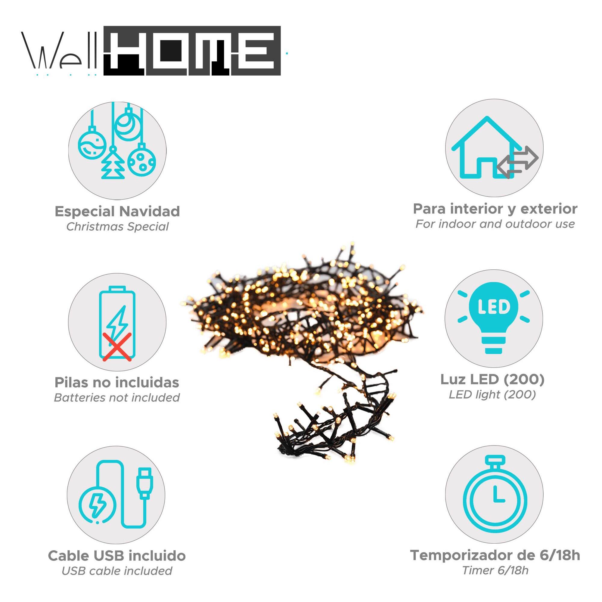 guirnalda con 200 luces led blancas cálidas y blancas extra cálidas con 8 funciones y temporizador