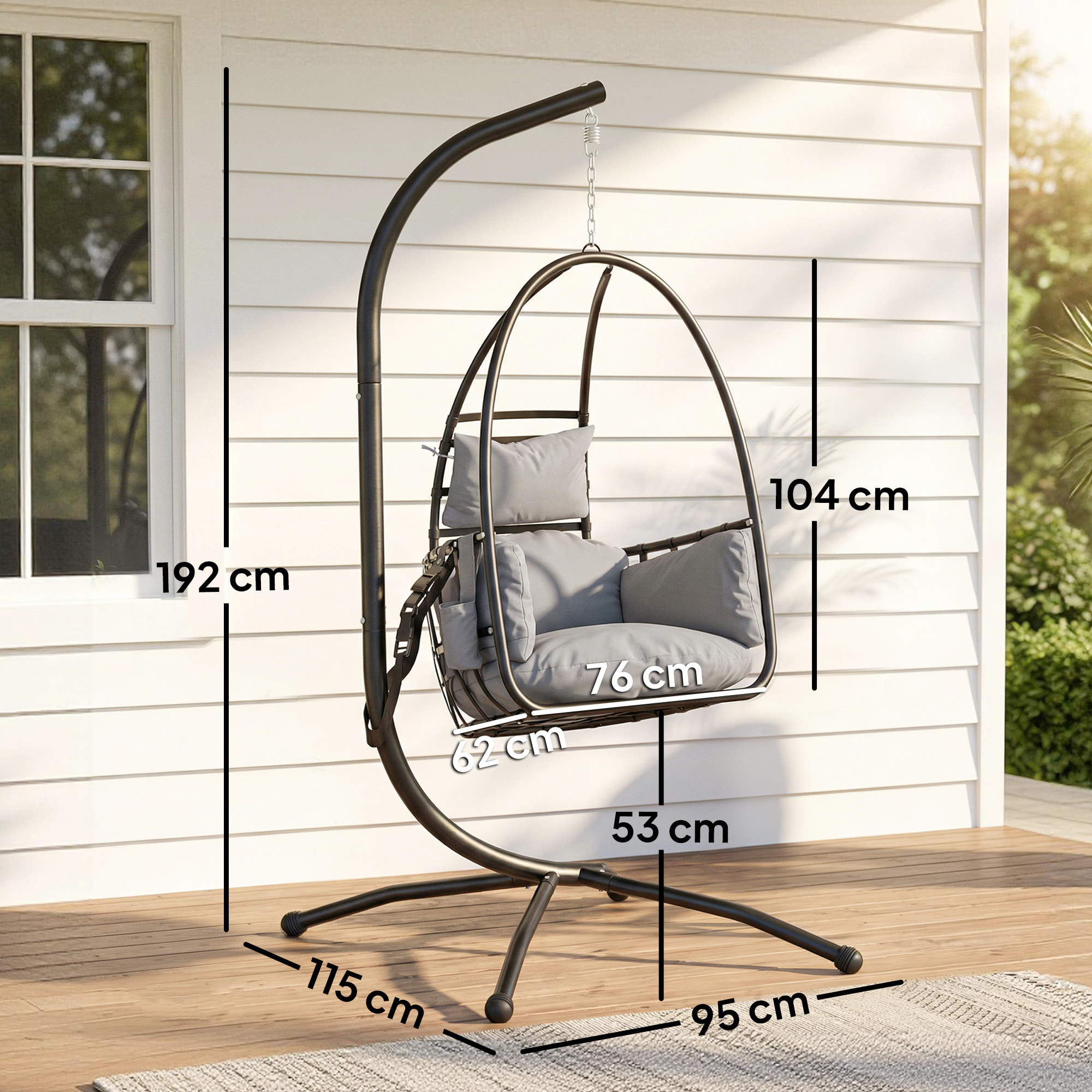 Silla Colgante Huevo con Soporte, Columpio de Jardín Exterior con Cesta Plegable, Reposacabezas, Cojín, Bolsillo Lateral, Columpio Colgante para Interior y Exterior, Carga 120 kg, Gris Oscuro