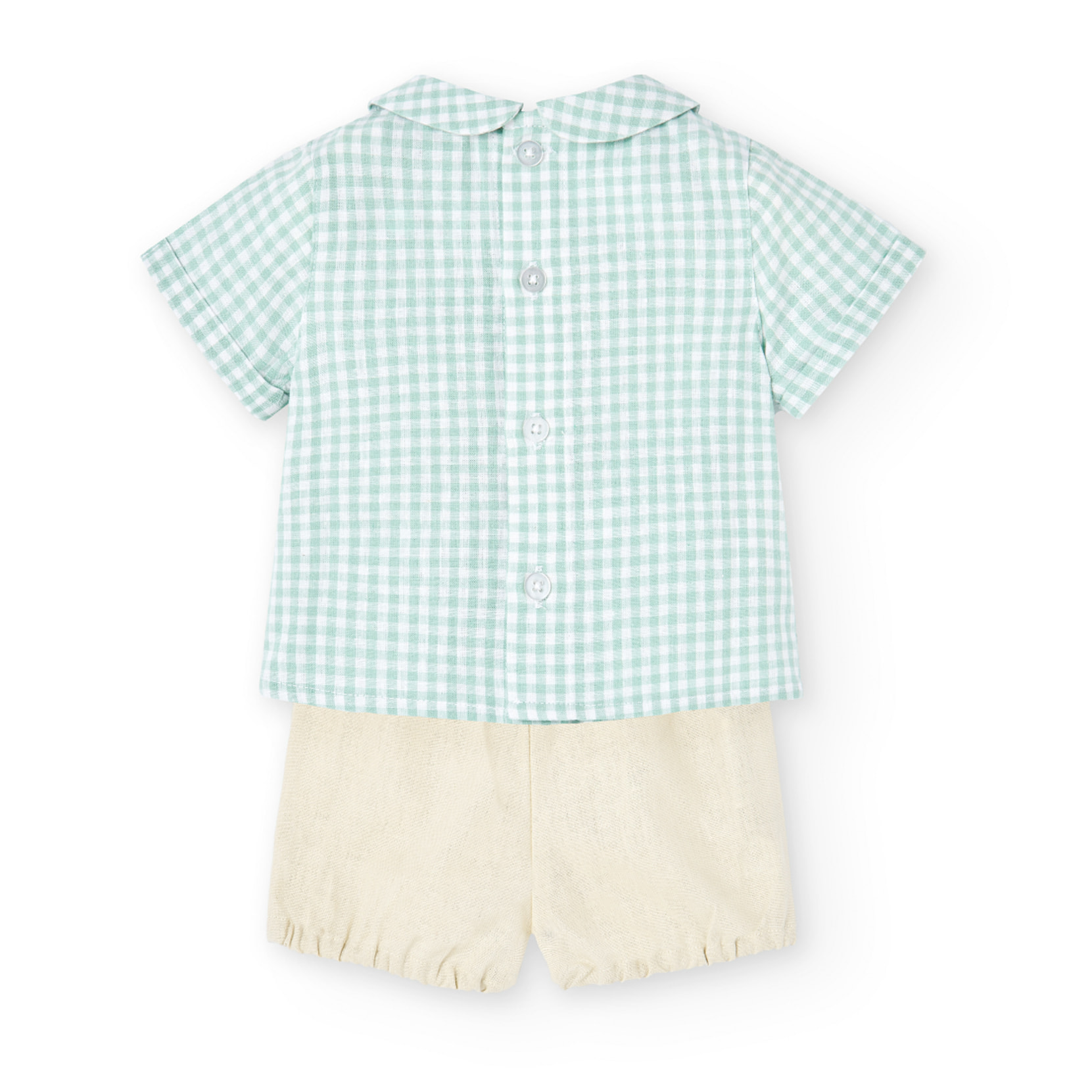 Conjunto lino niño, estampado de cuadros, verde claro
