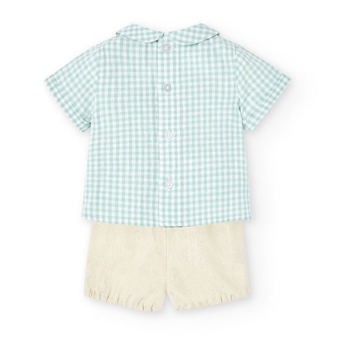 Conjunto lino niÃ±o, estampado de cuadros, verde claro