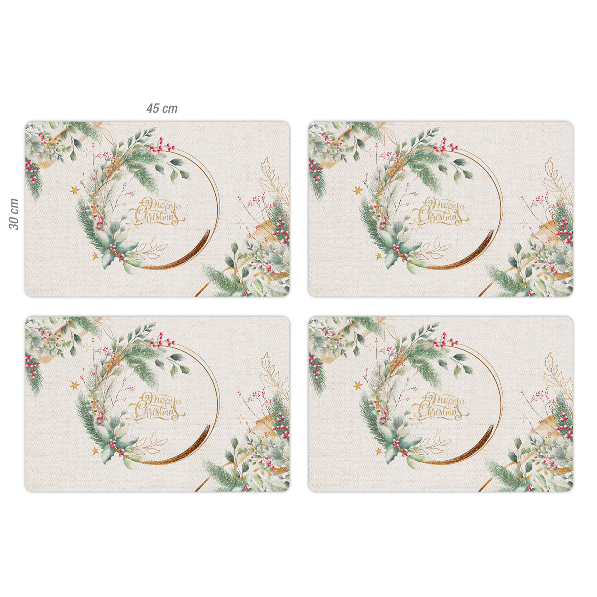 VINILIKO, set de 4 individuales de mesa con Corona de Navidad 4u-30x45 cm