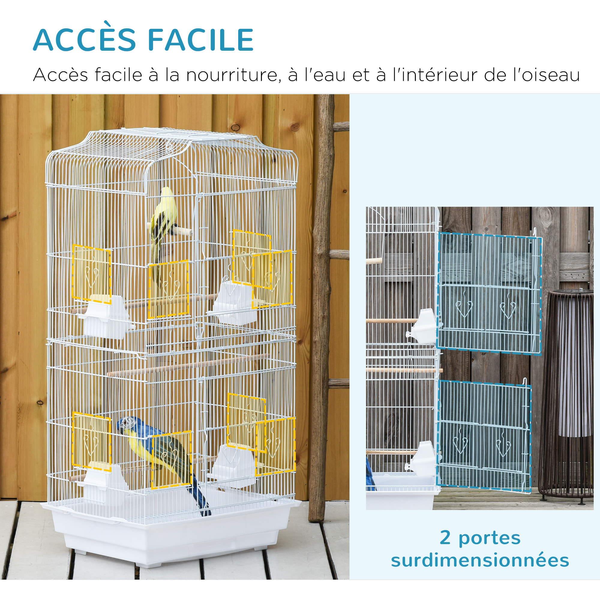 Cage à oiseaux volière avec mangeoires perchoirs plateau amovible 2 portes dim. 46,5L x 35,5l x 92H cm métal blanc