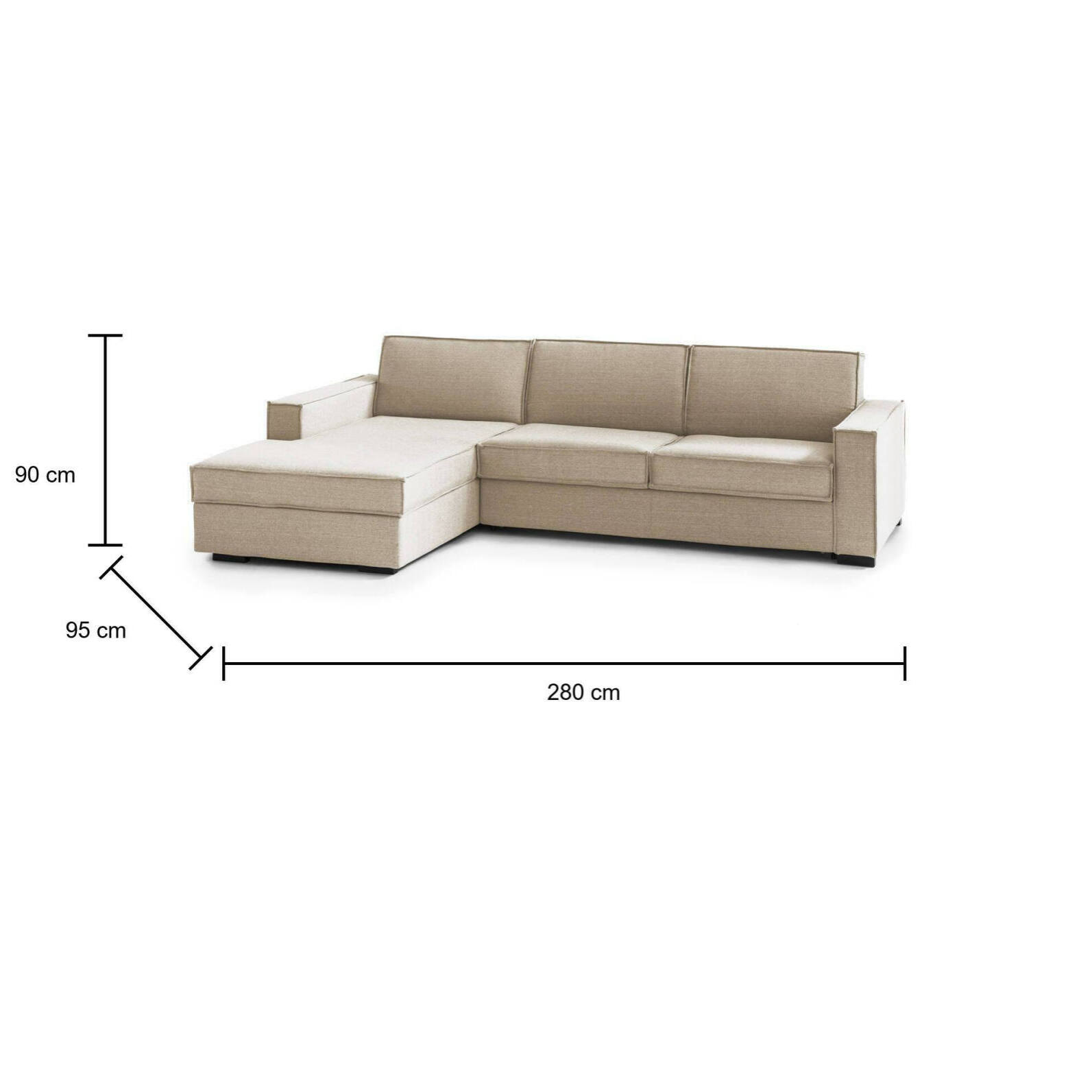 Divano Letto Adelina, Divano ad angolo, 100% Made in Italy, Sofà con apertura girevole, Penisola contenitore Sinistra, con Braccioli standard, Cm 280x95h90, Beige