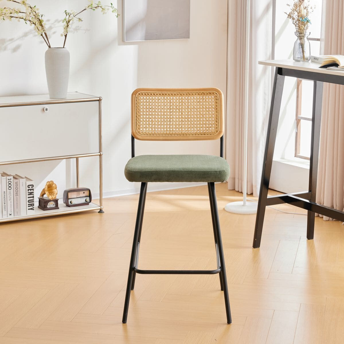 Lot de 2 chaises de bar en cannage et velours côtelé, piètement noir - MUSE