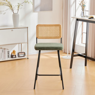 Lot de 2 chaises de bar en cannage et velours côtelé, piètement noir - MUSE