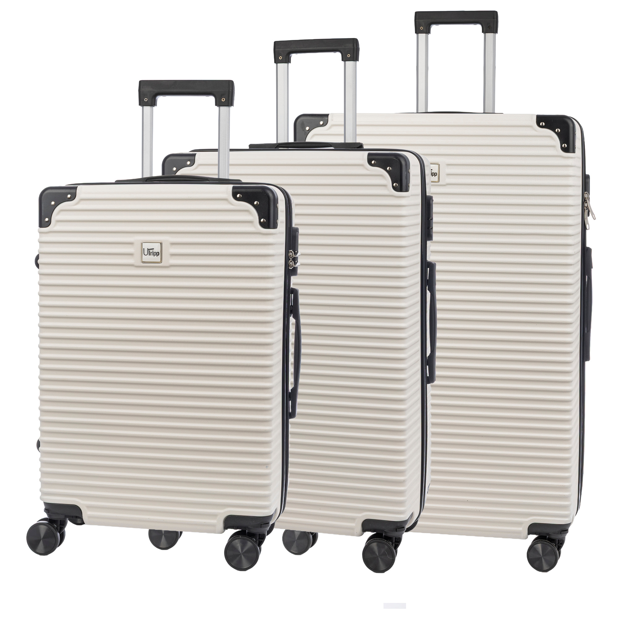 Set di 3 valigie Trolley, in materiale leggero ABS ad alta resistenza con angoli rinforzati. Chiusura a combinazione e 4 ruote doppie estraibili e girevoli a 360°.