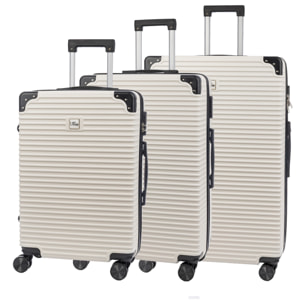 Set di 3 valigie Trolley, in materiale leggero ABS ad alta resistenza con angoli rinforzati. Chiusura a combinazione e 4 ruote doppie estraibili e girevoli a 360°.