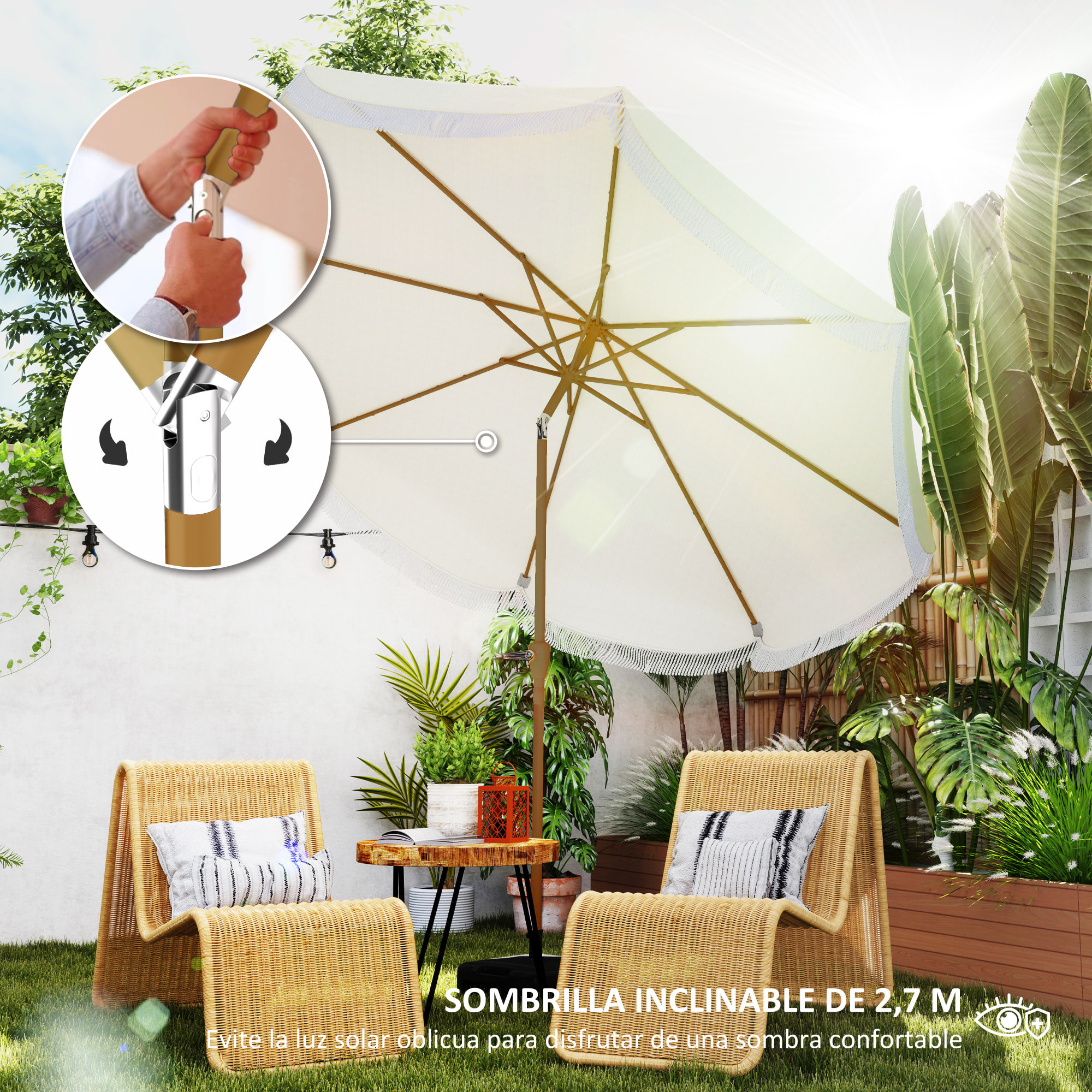 Sombrilla Terraza Exterior Ø269 cm Sombrilla de Jardín con Ángulo Ajustable y Manivela Protección UV30+ Parasol para Patio Terraza Beige
