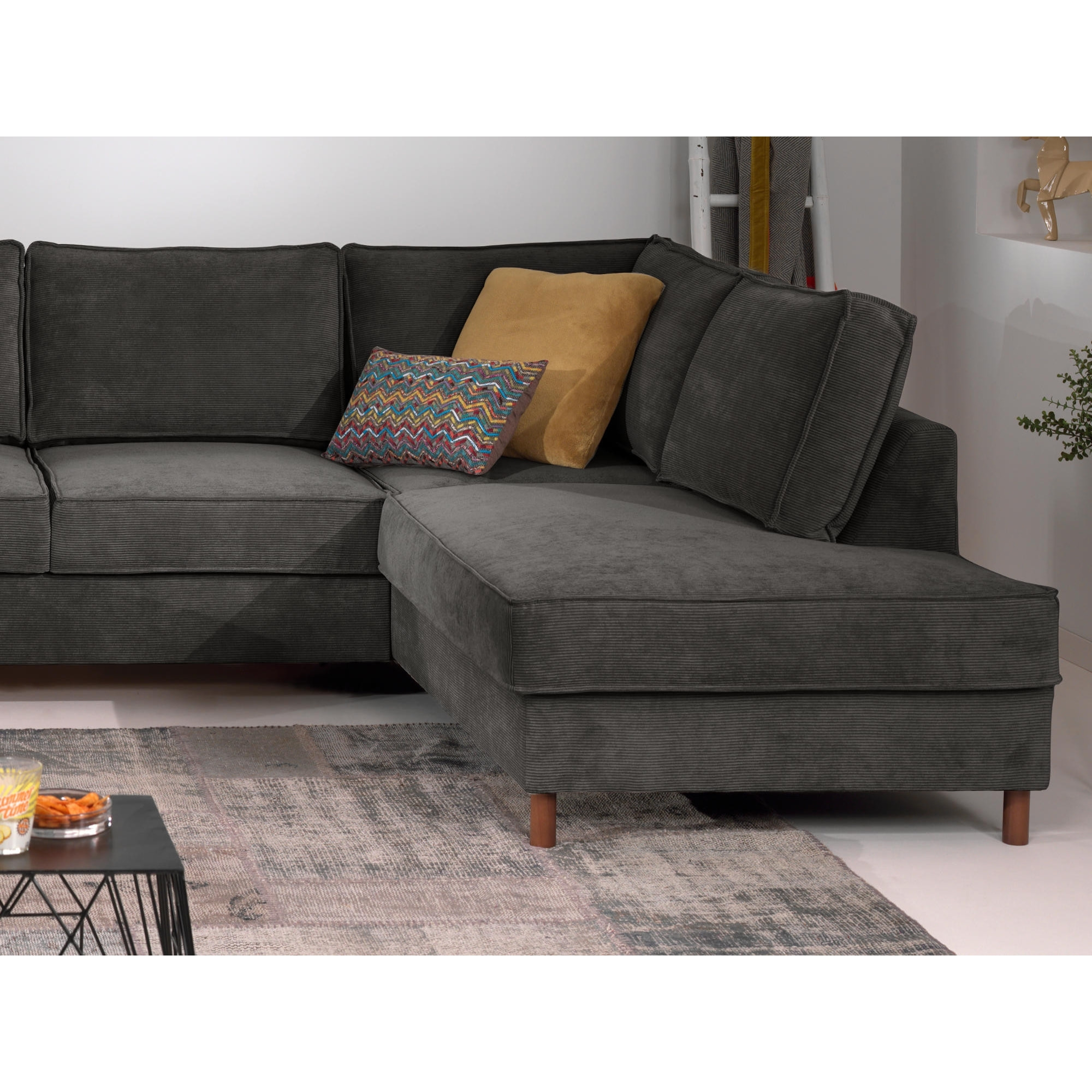 Jake - canapé panoramique d'angle droit - convertible avec coffre - 7 places - en velours côtelé - Gris foncé