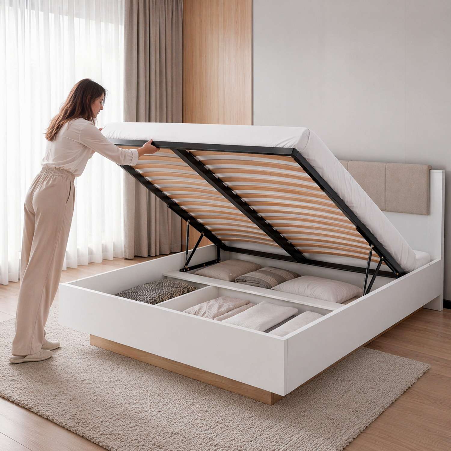 Testiera Imbottita Con Contenitore Letto Matrimoniale Mobile Camera Da Letto Struttura Moderna Zona Notte 165 x 104.5 x 210 Cm Bianco E Rovere