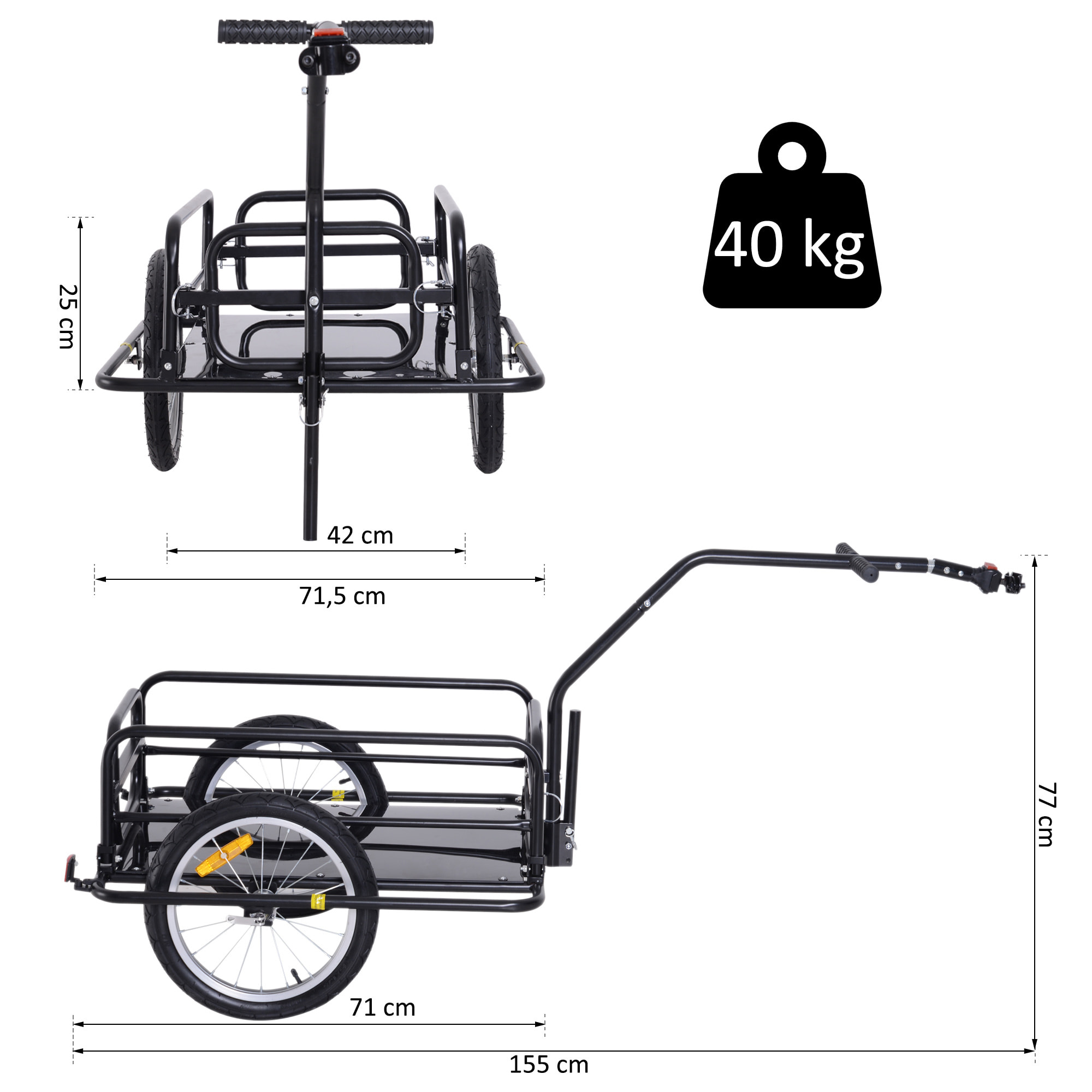 Remorque vélo remorque de transport pour vélo 155L x 71,5l x 77H cm barre d'attelage universelle pliable acier noir