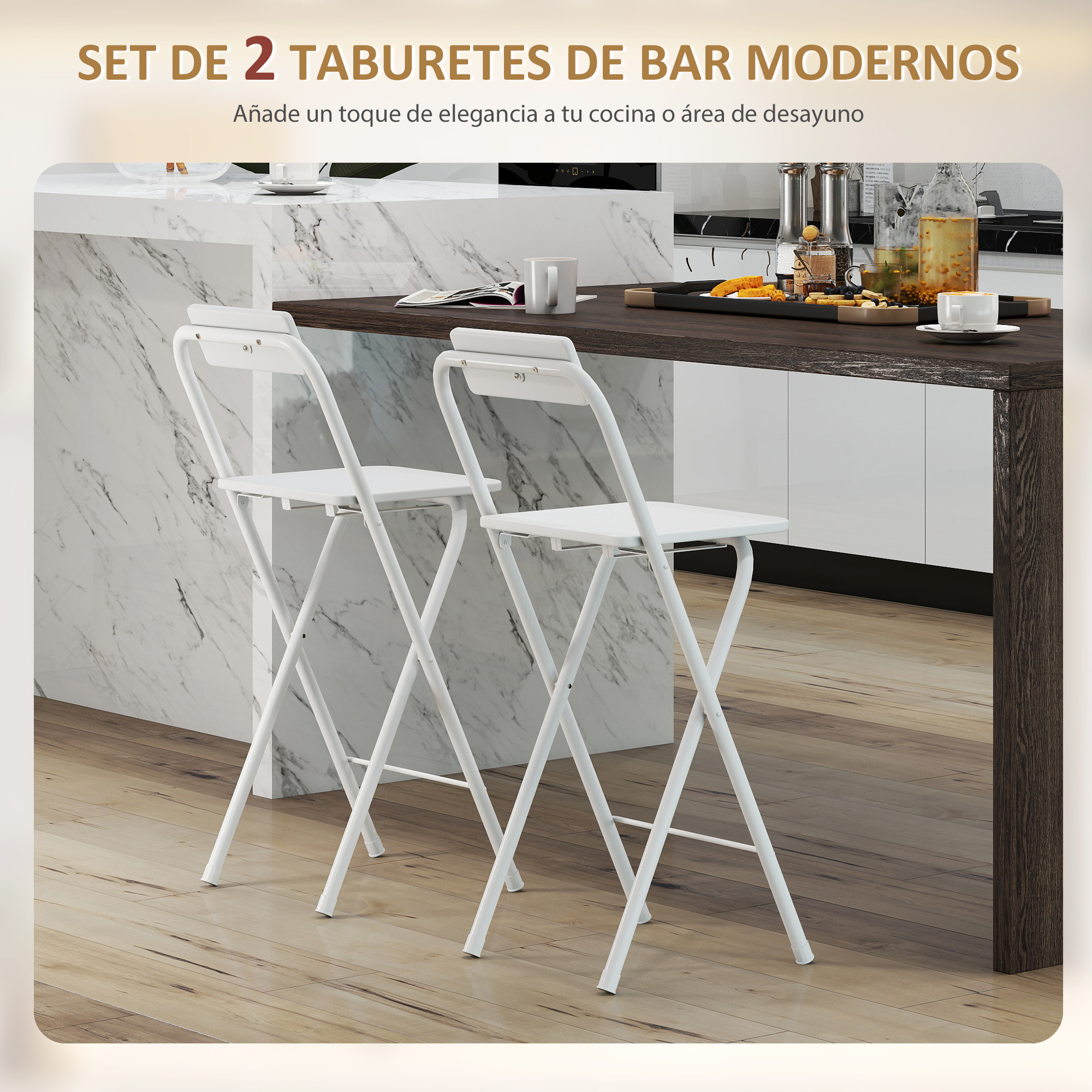 Juego de 2 Taburetes de Bar Plegables Taburetes Altos de Cocina con Respaldo Reposapiés y Marco de Acero para Comedor Mostrador Blanco