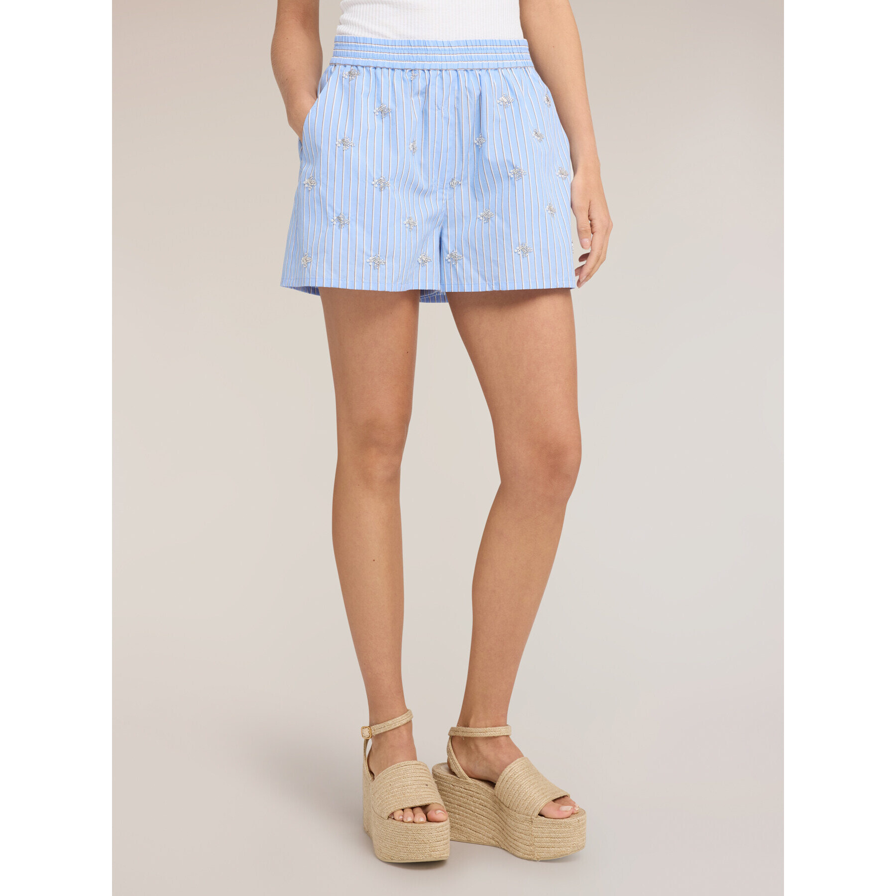Motivi - Shorts in popeline a righe con ricami gioiello - Azzurro