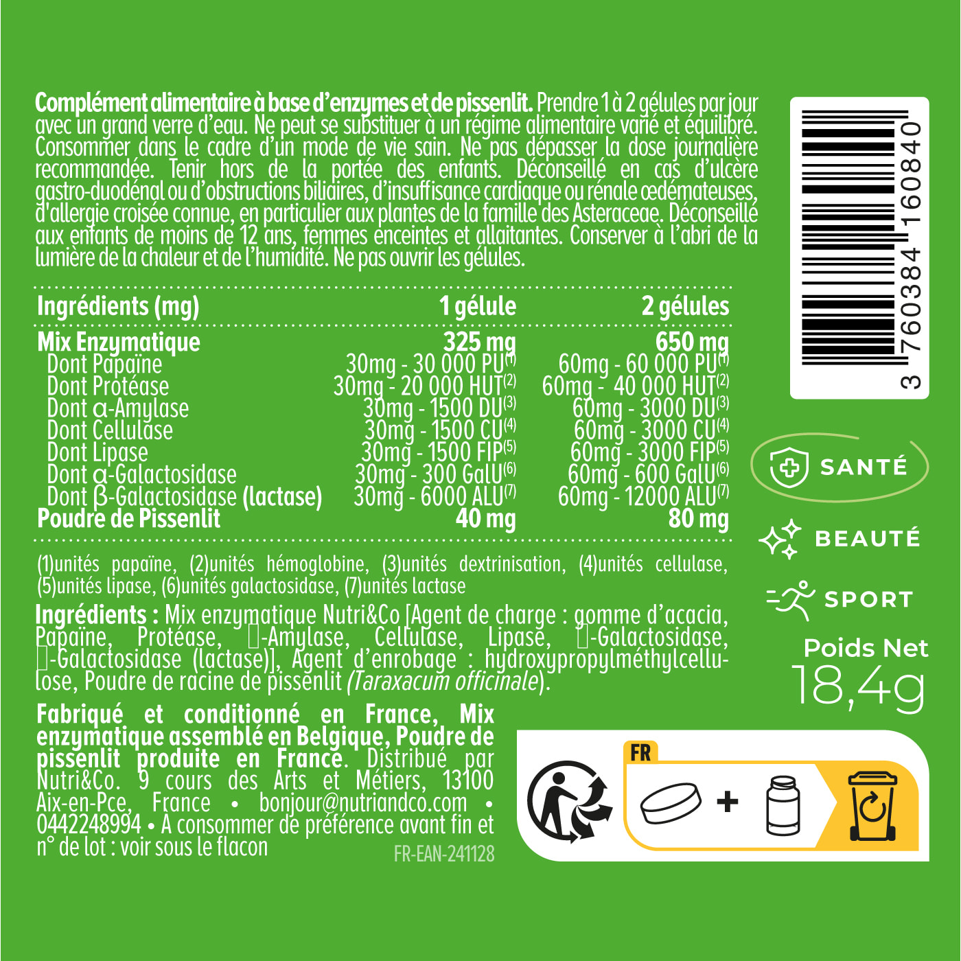 Nutri&Co Enzymes Digestives Digestion Difficile et Intolérance - 40 gélules
