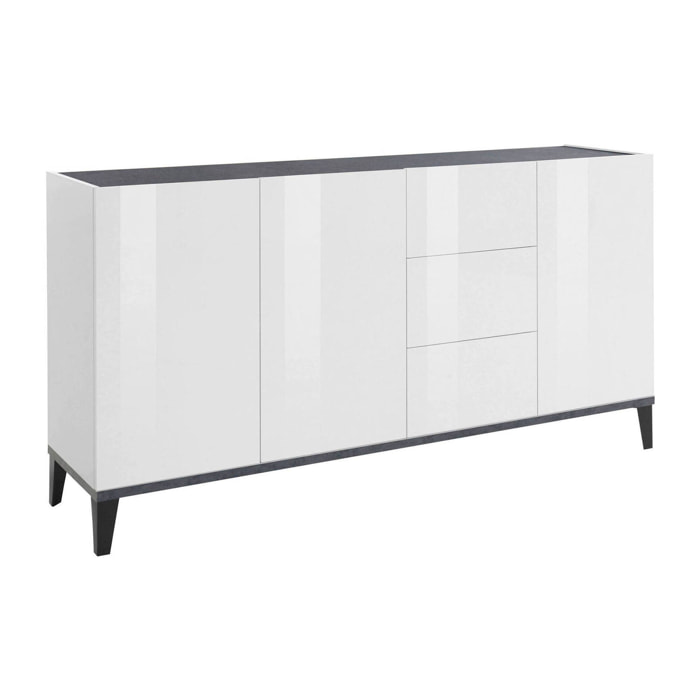 Credenza moderna a 3 ante e 3 cassetti, Made in Italy, Madia da cucina rialzata, Buffet di design da soggiorno, Cm 160x40h82, Bianco lucido e Ardesia